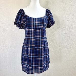 Altar'd State Britton Navy Blue Pink Puff Sleeve Plaid Summer Dress Wmn Sz Small